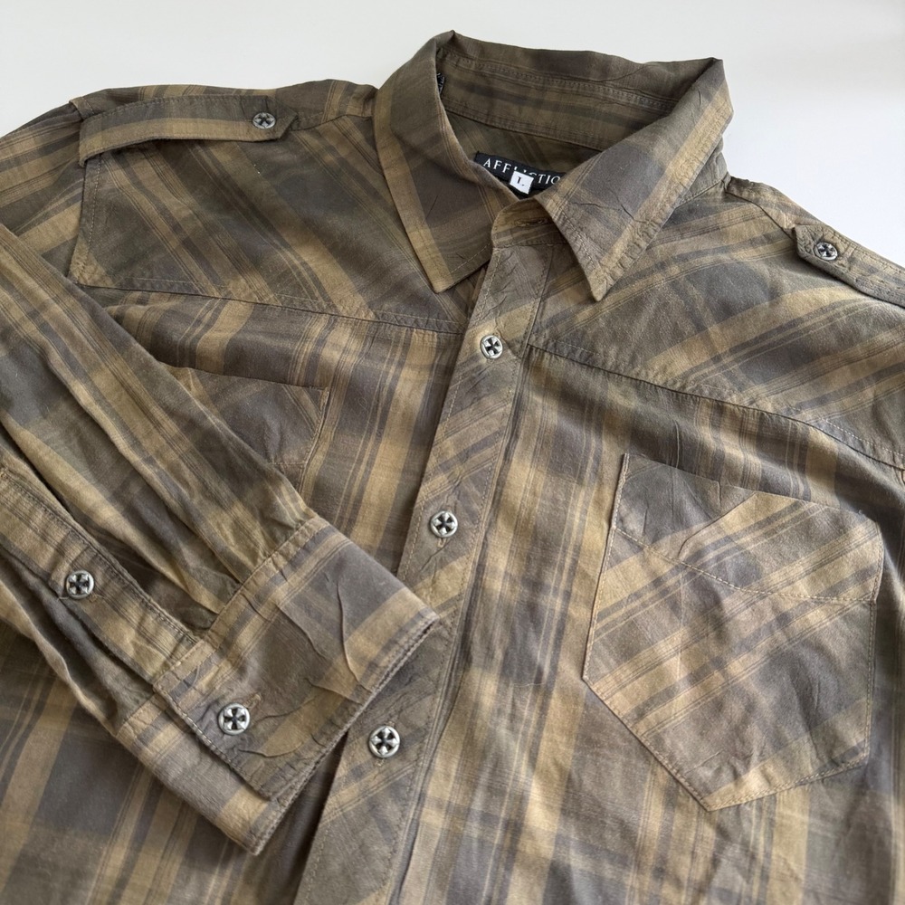 Affliction Embroidered Green Plaid Long Sleeve Button Down Men's Large cotton